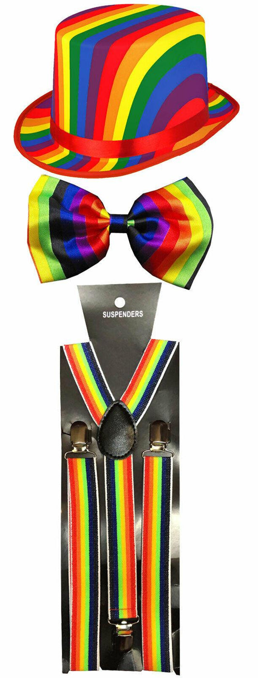 Mens Topper Hat Bow Tie Braces Rainbow Gay Pride Fancy Dress Party Set - Labreeze
