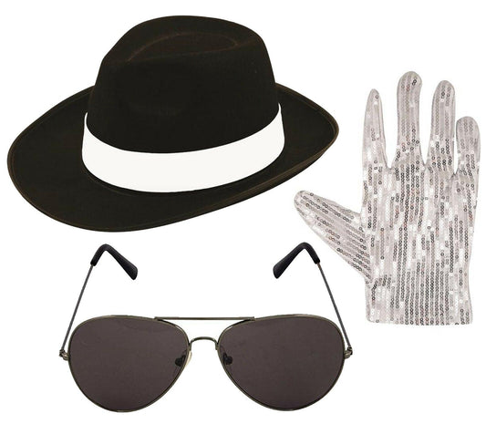 Michael Jackson style 3pc Set Hat Pop Gloves Aviator Shades 1980’s Fancy Dress - Labreeze