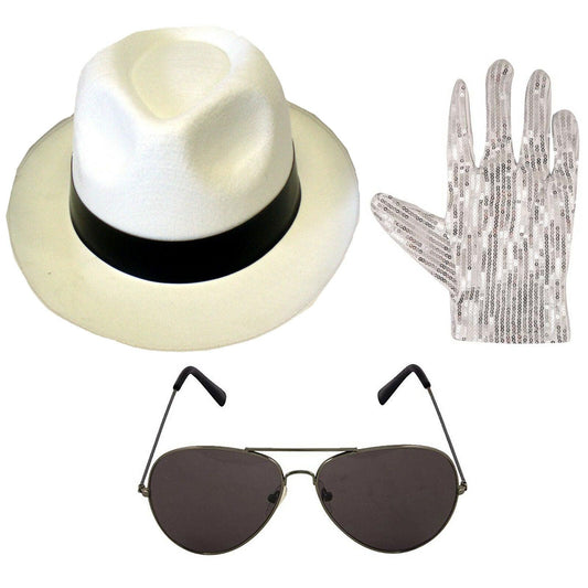 Michael Jackson style 3pc Set Hat Pop Gloves Aviator Shades 1980’s Fancy Dress - Labreeze