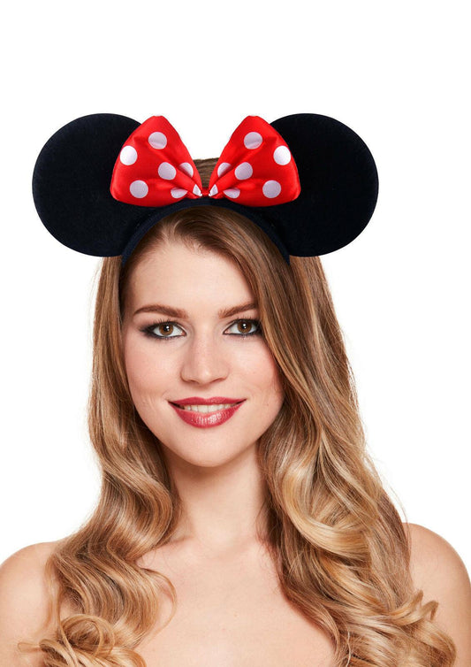 Mickey Mouse Headband Mouse Ears W/Red Bow Women Stag Do Night Black Fancy Dress - Labreeze