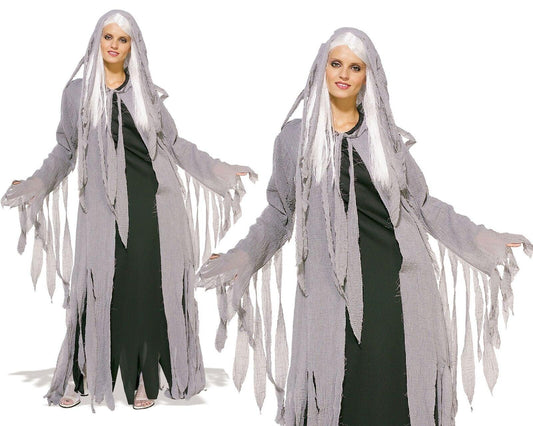 Midnight Spirit Fancy Dress Ladies Costume Ghost Ghoul Halloween Outfit + Wig STD - Labreeze