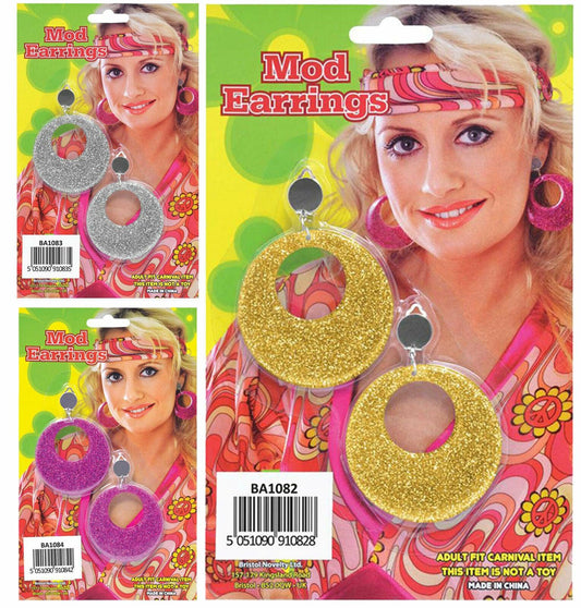 Mod Glitter Earrings Ladies Girls Hippy Retro 1960’s Fancy Dress Accessory - Labreeze