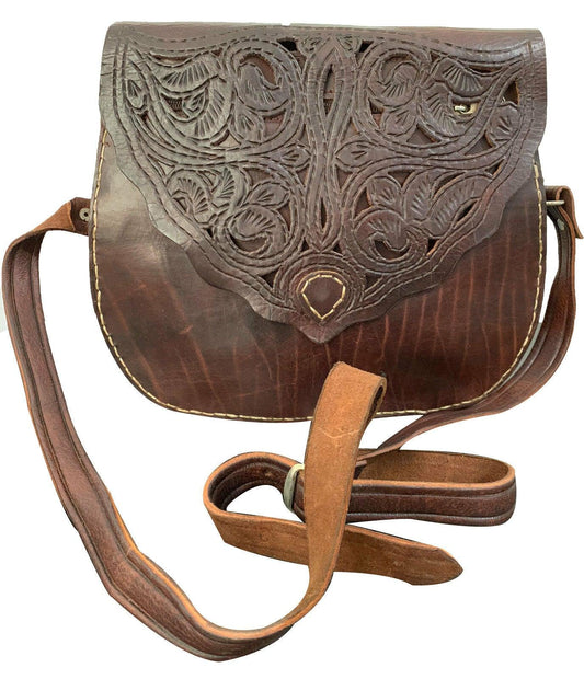 Moroccan leather handmade small saddler travel bag brown one compartment and one - Labreeze