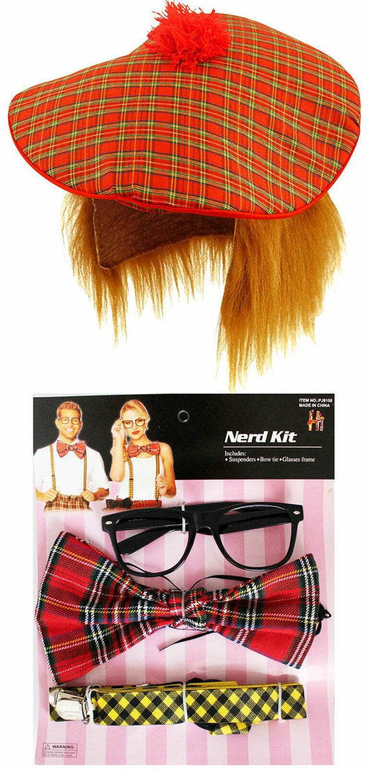 Nerd Kit Glasses Bow Tie Braces Ginger Scottish Hat with Hair Fancy Dress Set - Labreeze