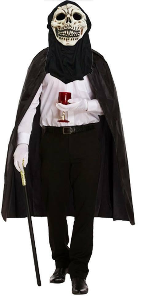 New Adults Black Cape with Hooded Latex Skull Mask Halloween Fancy Dress - Labreeze