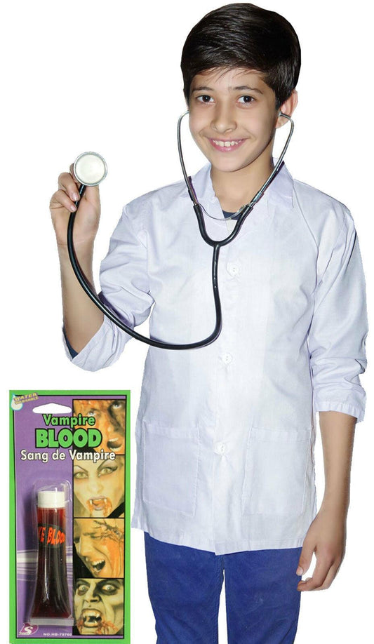 New Kids Girls Doctor Coat with Stethoscope Fake Blood Tube Halloween Costume - Labreeze