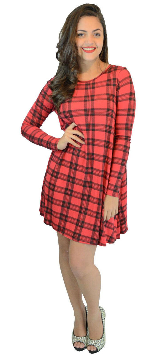 New Ladies Girls Christmas Red Tartan Check Print Flared Casual Swing Dress - Labreeze