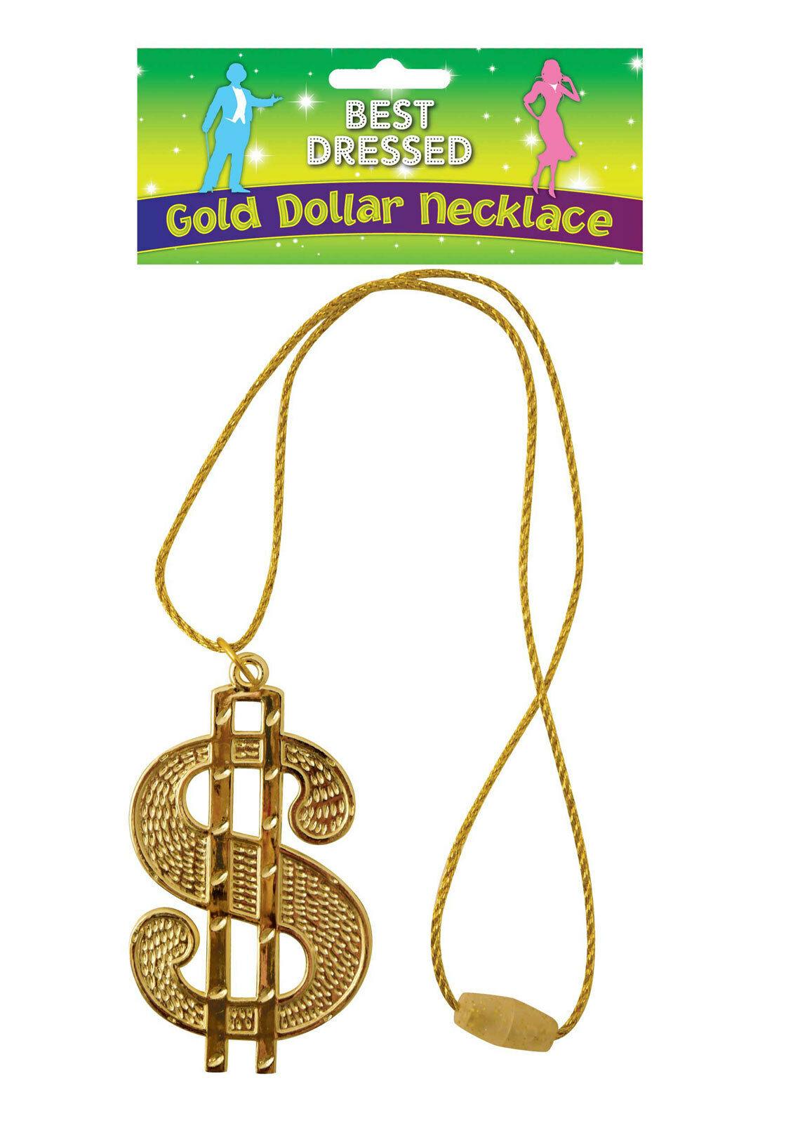 New Ladies Girls Necklace Dollar Gold 11cm W/67cm Cord Fancy Dress Accessory - Labreeze