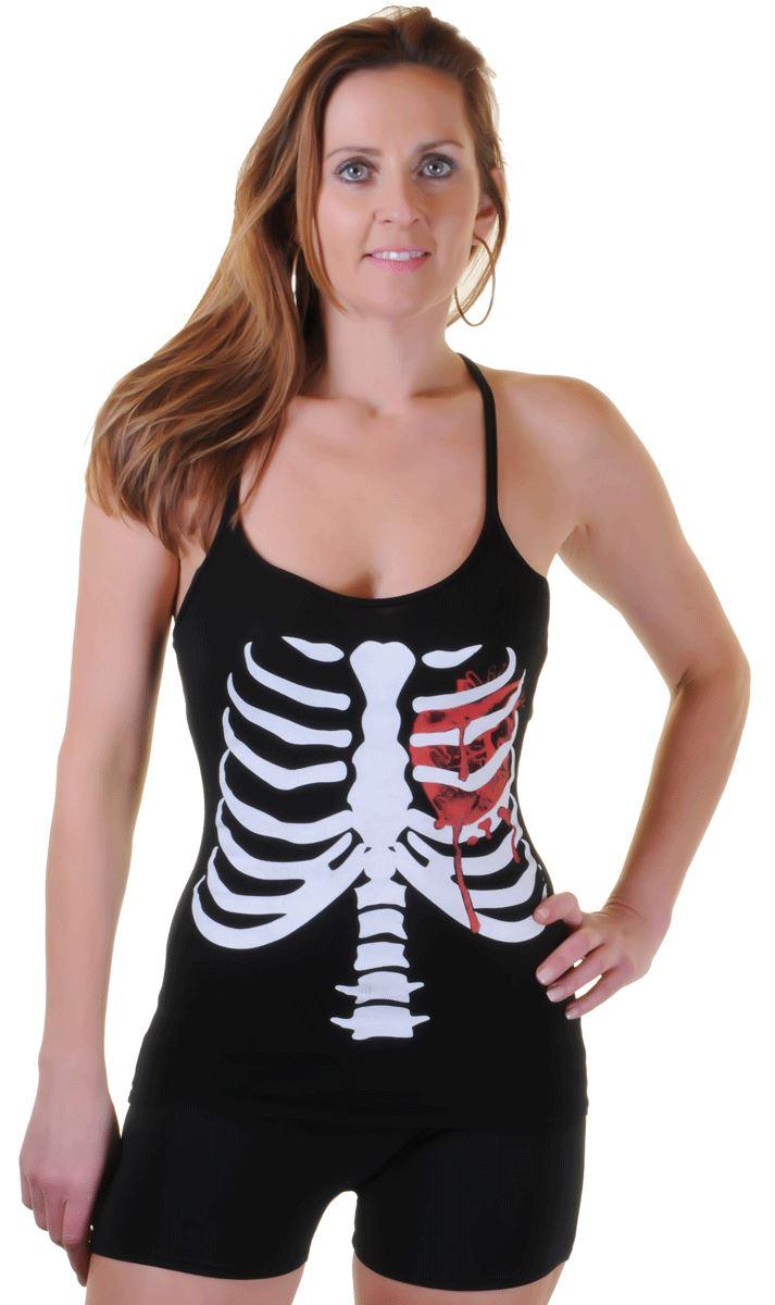 New Ladies Halloween Skeleton with Bloody Heart Printed Black Top Fancy Dress - Labreeze