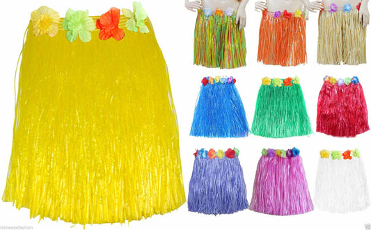 New Ladies Hawaiian Hula Skirt with Flowers 40cm Fancy Dress Costume - Labreeze