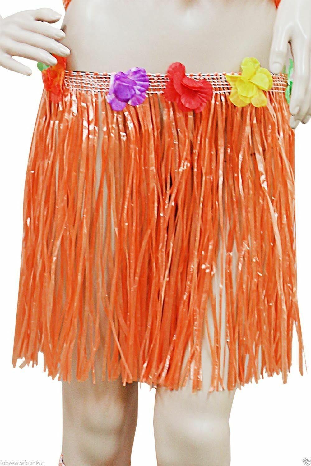 New Ladies Hawaiian Hula Skirt with Flowers 40cm Fancy Dress Costume - Labreeze