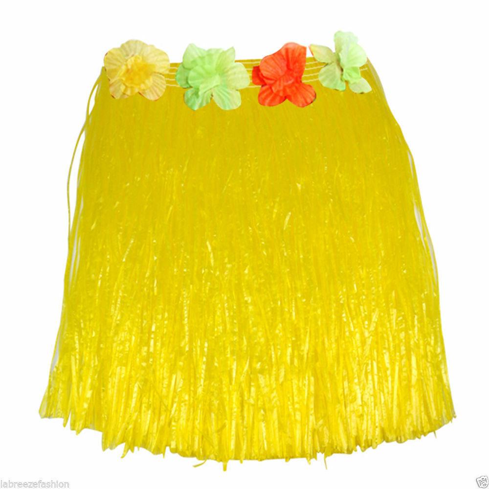 New Ladies Hawaiian Hula Skirt with Flowers 40cm Fancy Dress Costume - Labreeze