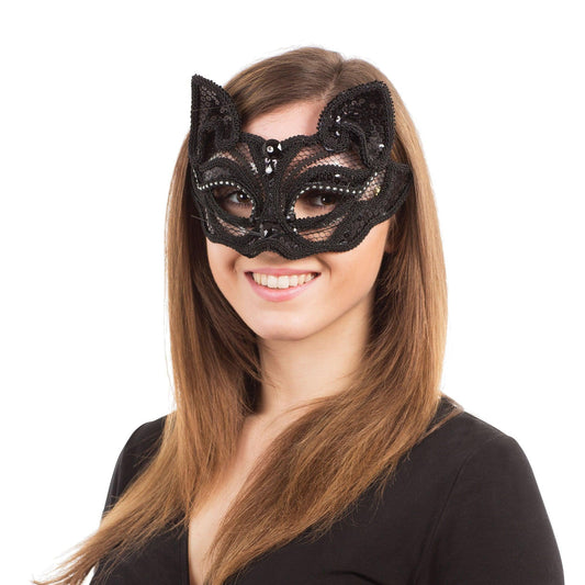 NEW Themed Animals Black Cat Sequin half mask - Labreeze