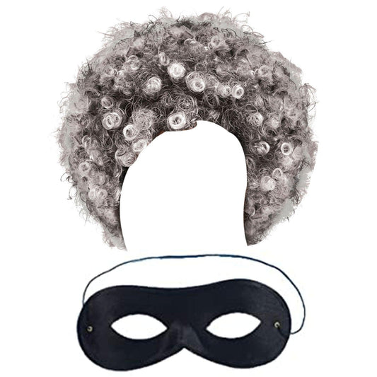 Old Lady Robber Grandma Costume Grey Afro Wig Domino Eye Mask Adults Burglar Set - Labreeze