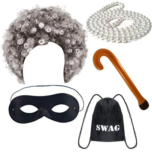 Old Lady Robber Grandma Costume Grey Afro Wig Swag Bag Walking Stick Domino Eye Mask Pearl Necklace Swag Adults Burglar Set - Labreeze