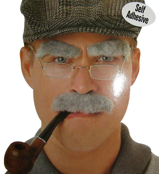 Old Man Grey Moustache Eyebrow Rectangle Glasses Wooden Pipe Fancy Dress Set - Labreeze