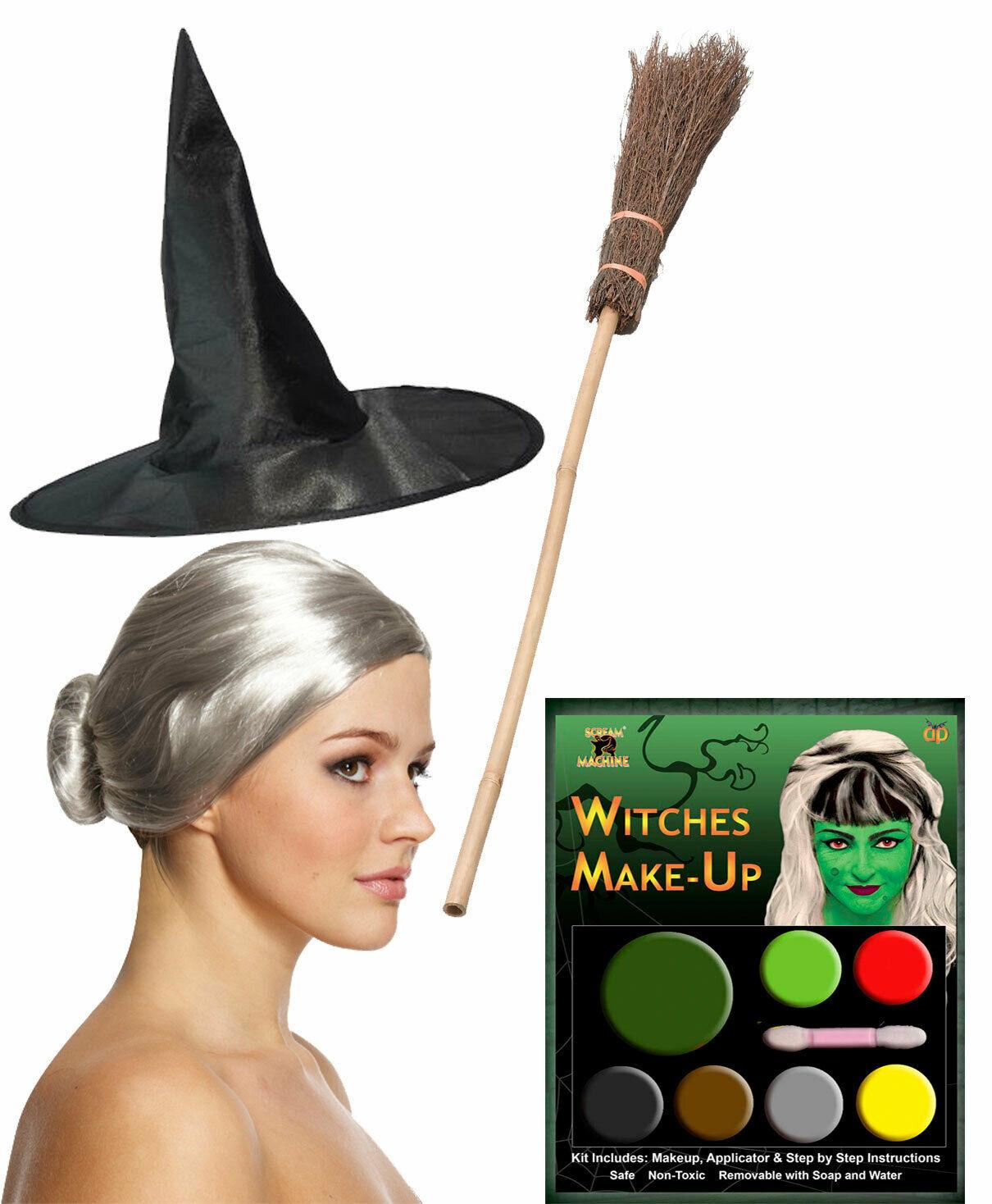 Old Witch Costume Hat Wig Broom Make Up Halloween Horror Fancy Dress Set - Labreeze