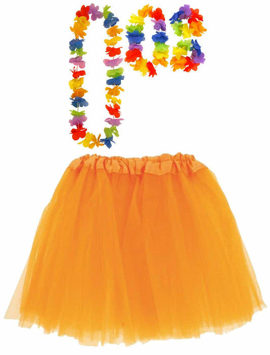 Orange Tutu Net Skirt with Satin Band Hula Lei Set Hawaiian Beach Party Costume - Labreeze