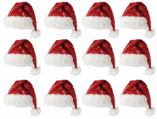 Pack of 12 x Christmas Red Sequin Secret Santa Hat Fluffy Xmas Fancy Dress - Labreeze