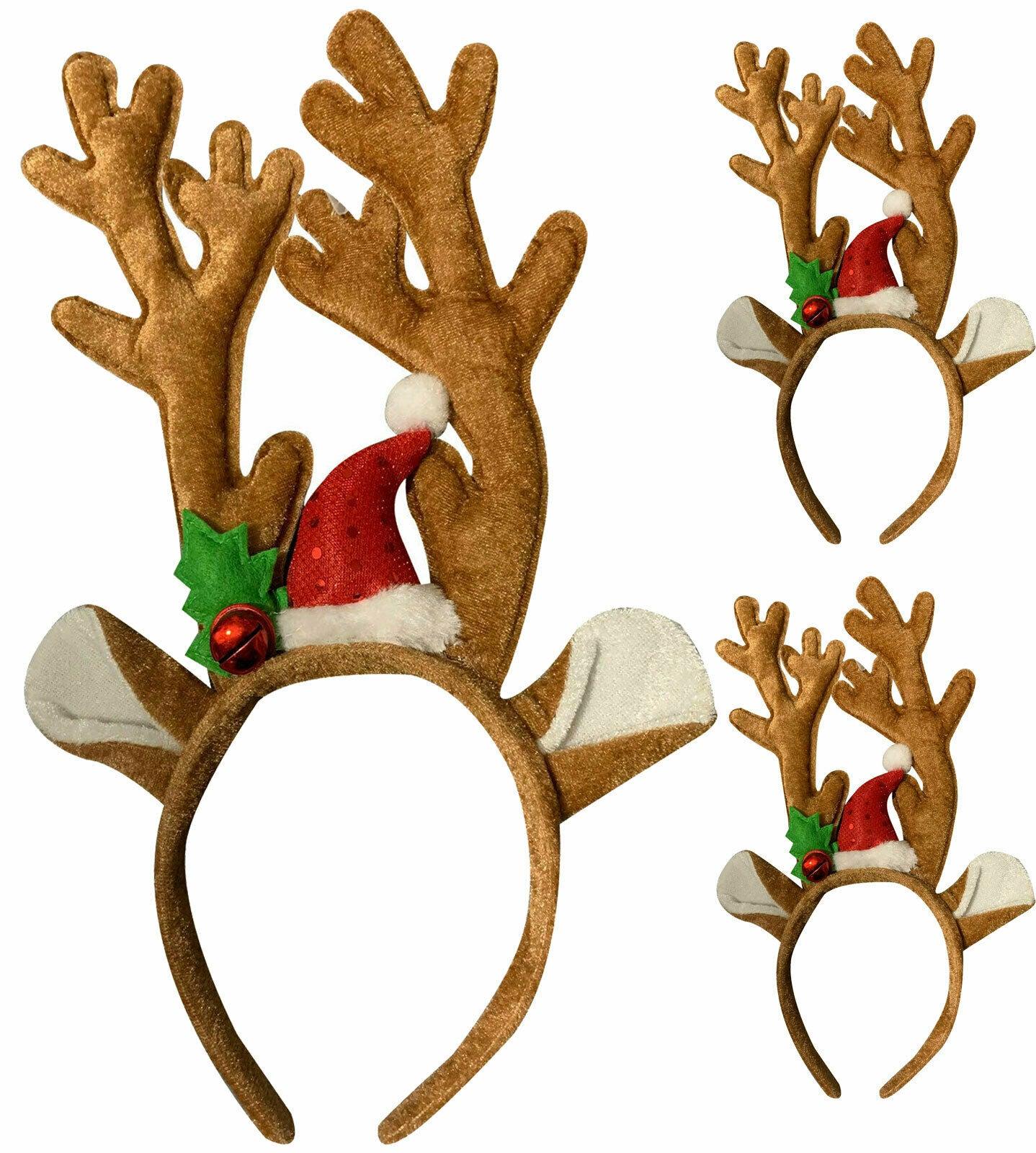 Pack of 3 Deluxe Velvet Reindeer Antlers W/Ears Christmas Xmas Party Fancy Dress - Labreeze