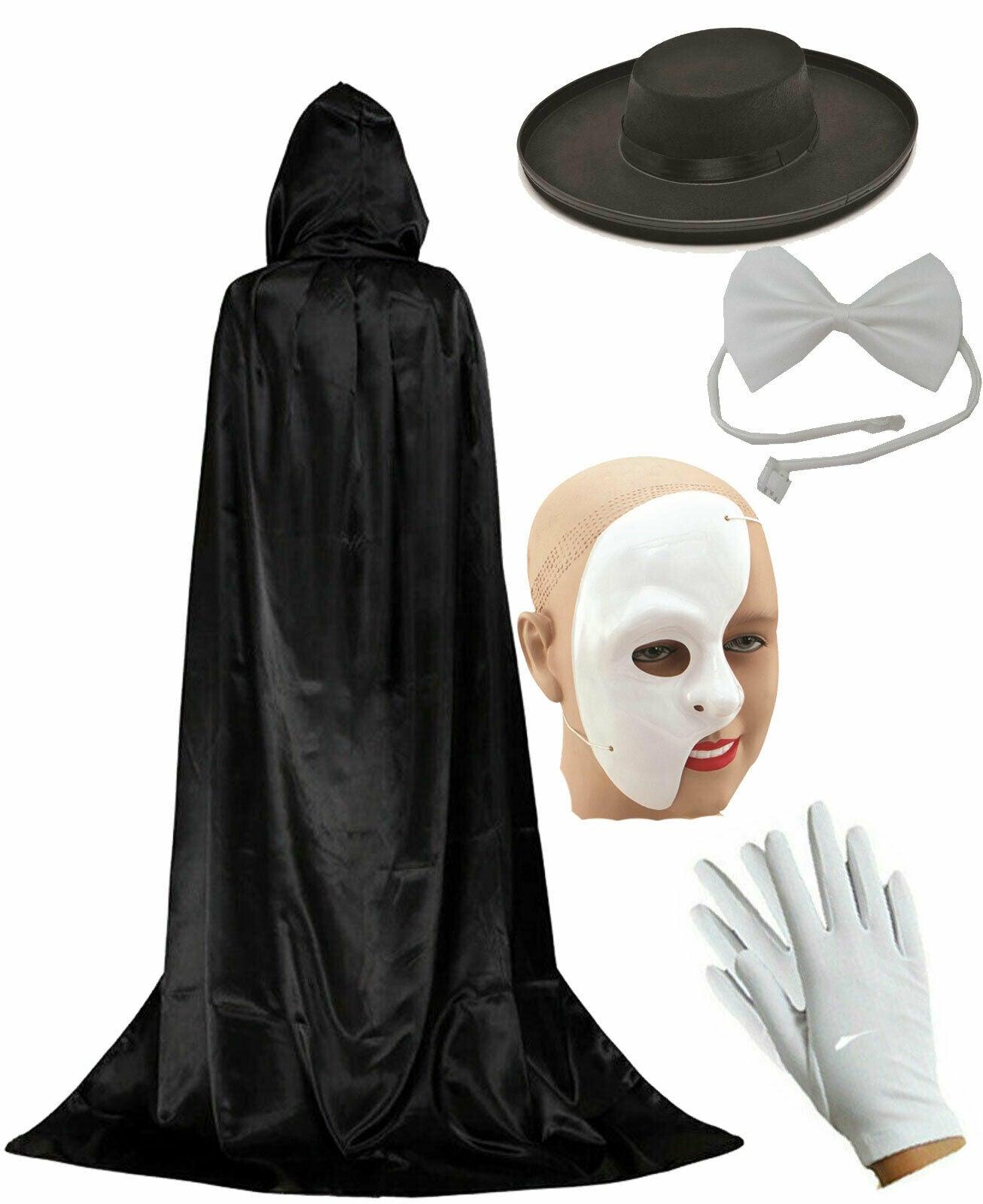 Phantom of the Opera Theatre Masquerade Fancy Dress Cape Mask Hat Bow Tie Set - Labreeze