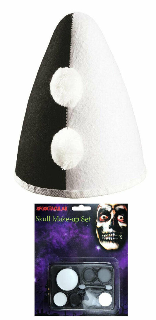 Pierrot Clown Hat Skull Make Up Kit Black White Halloween Kids Fancy Dress - Labreeze