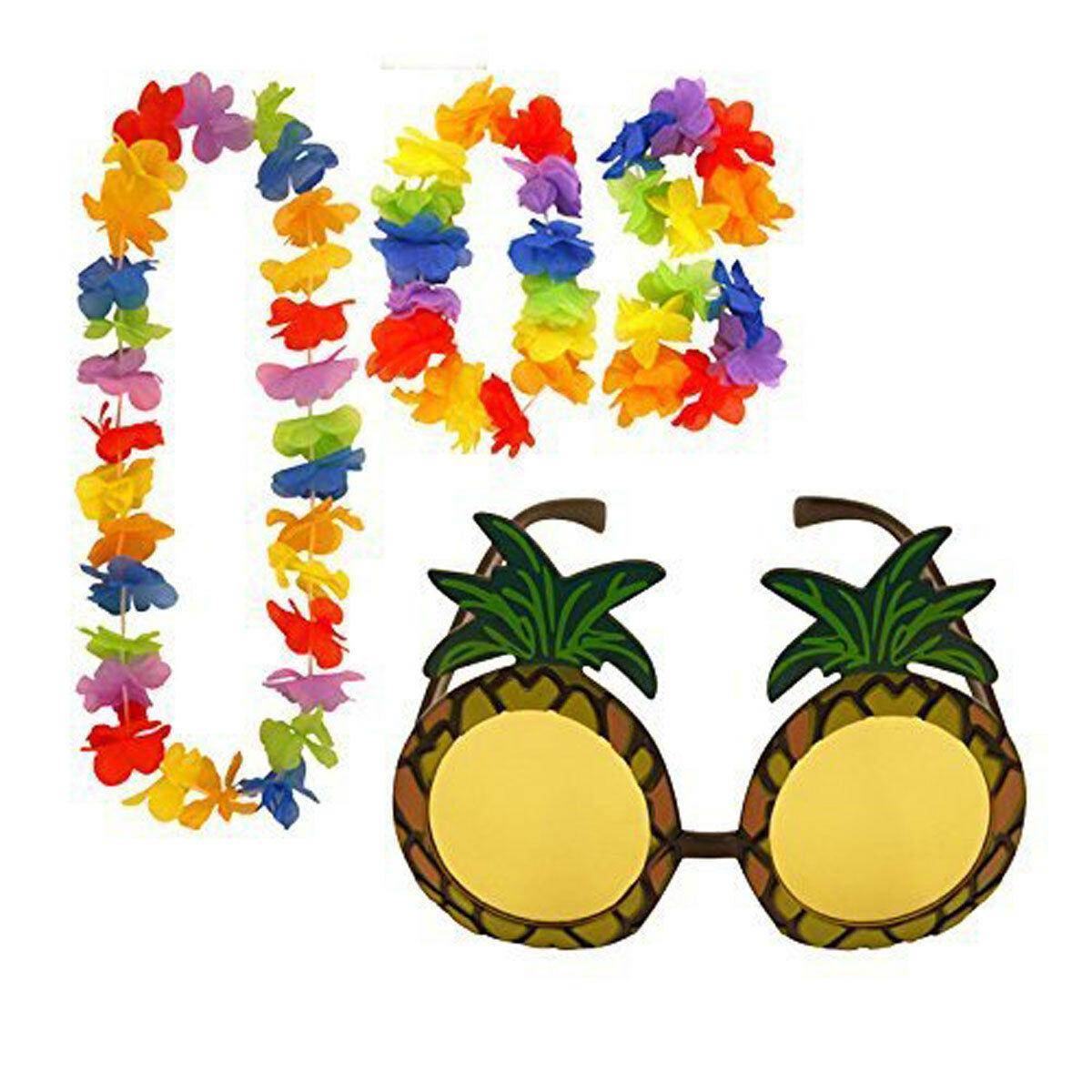 Pineapple Sunglasses & 4pc Hula Lei Flower Garland Hawaiian Party Fancy Set - Labreeze