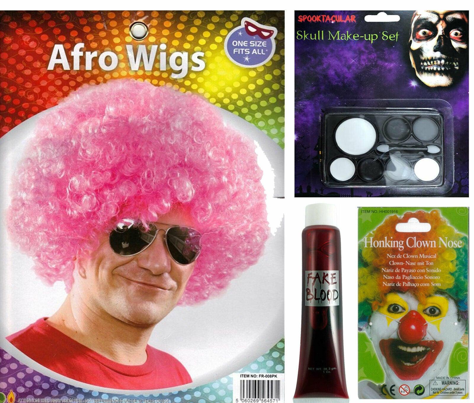 Pink Afro Wig Fake Blood Honking Nose Skull Make Up Halloween Lady Clown Set - Labreeze