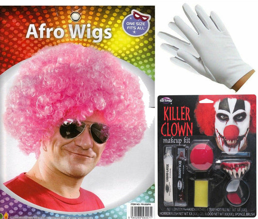 Pink Afro Wig Killer Clown Make Up Short Gloves Halloween Lady Clown Set - Labreeze