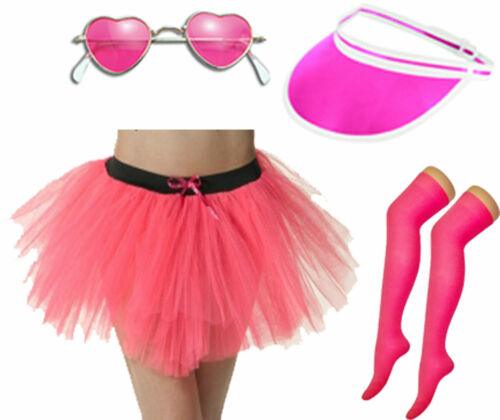 Pink Heart Shaped Glasses Tutu Skirt Socks Sun Visor 1960’s Party Fancy Dress - Labreeze