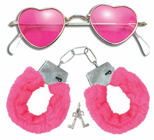 Pink Lens Hippie Heart Shaped Glasses with Fur Handcuffs 60's Fancy Dress - Labreeze