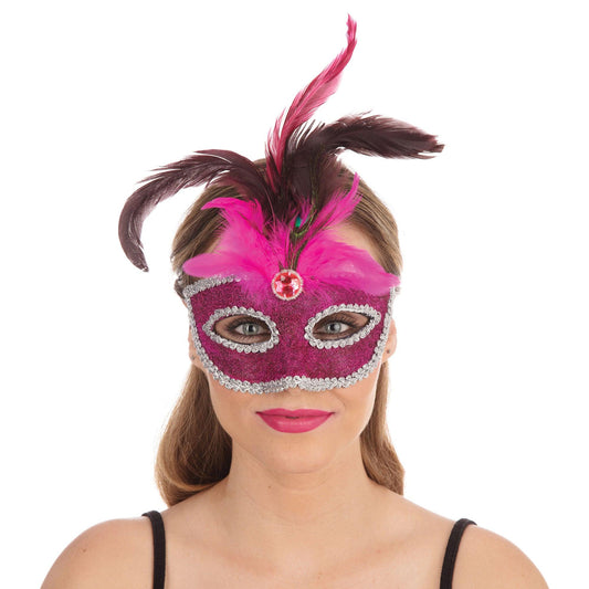 Pink Mask with Tall Peacock Feather - Labreeze