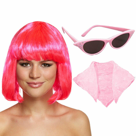 Pink Mid Wig Sunglasses Scarf 50’s Style Poodle Costume Hen Night Fancy Dress - Labreeze