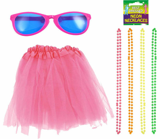 Pink Satin Band Tutu Skirt Giant Glasses Beads Necklace Hen Night Fancy Dress - Labreeze