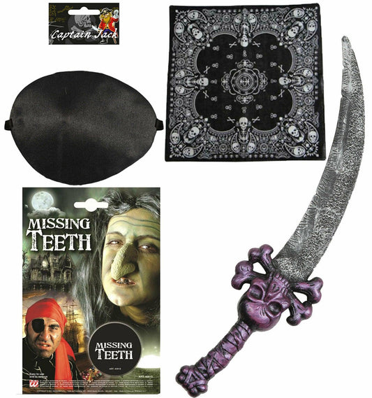 Pirate Costume Skull Cutlass Eye Patch Bandana Tooth Wax Halloween Fancy Dress - Labreeze