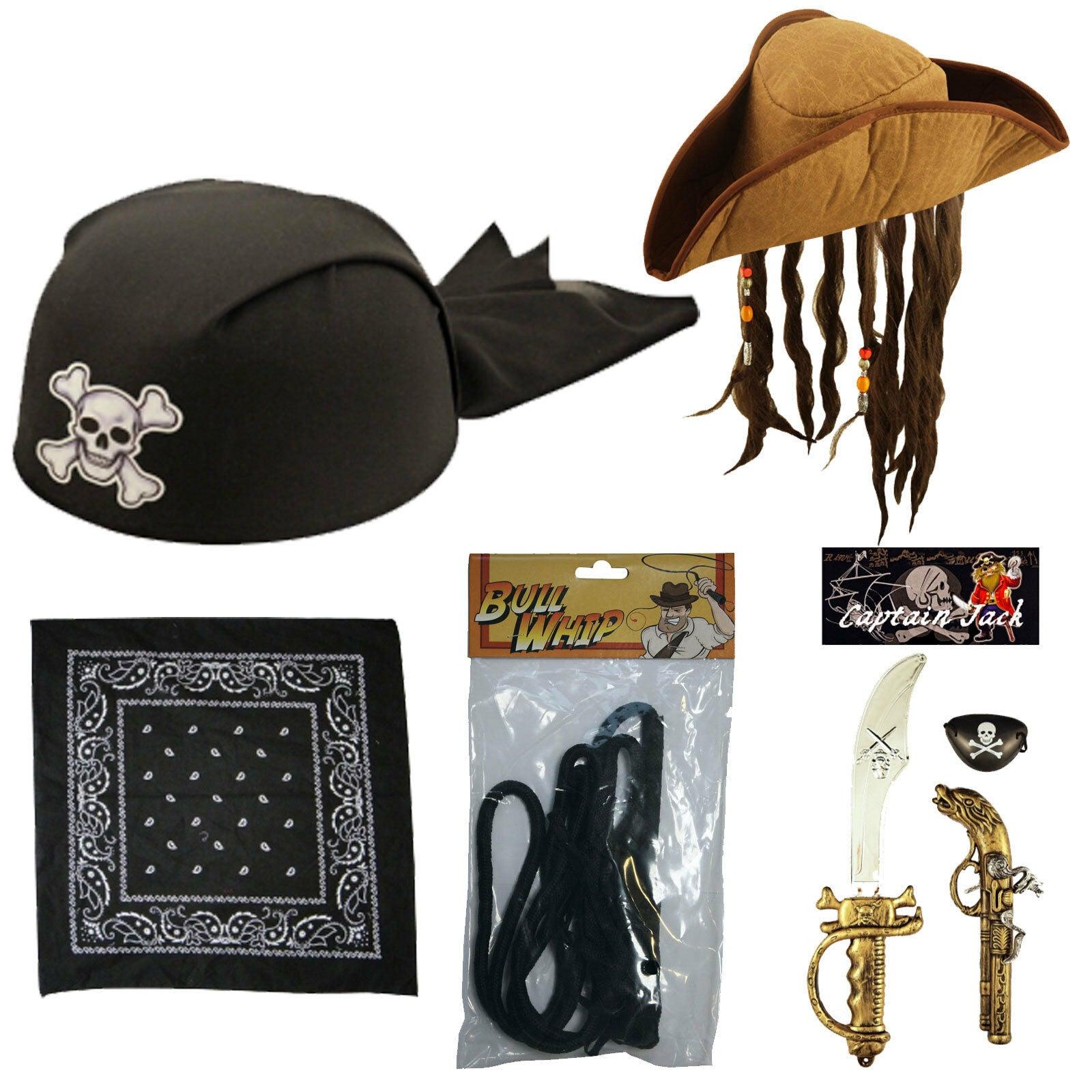 Pirate Theme Brown Hat with Hairs Bandana Hat Bull Whip Pirate Set Fancy Dress - Labreeze