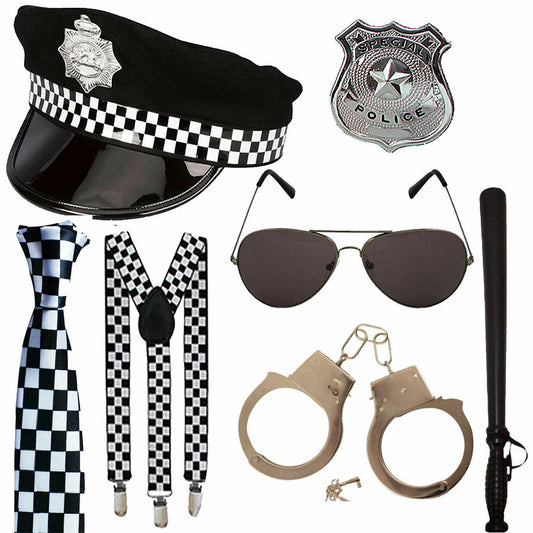 Police Cop Hat Tie Braces Truncheon Glasses Cuffs Badge 7 Piece Fancy Dress Set - Labreeze