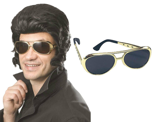 Pop King Elvis Quiff Wig Rock N Roll Sunglasses 50's Style Men's Fancy Dress - Labreeze