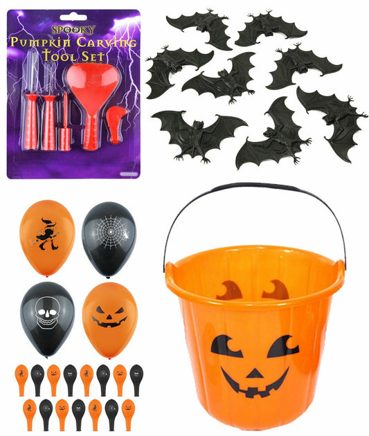 Pumpkin Carving Kit Bucket Balloons Scary Bats Halloween Party Decoration Set - Labreeze