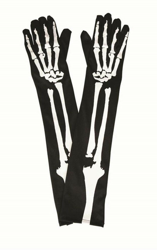 Punk Gothic Skeleton Bone Print Long Arm Gloves Halloween Fancy Dress - Labreeze