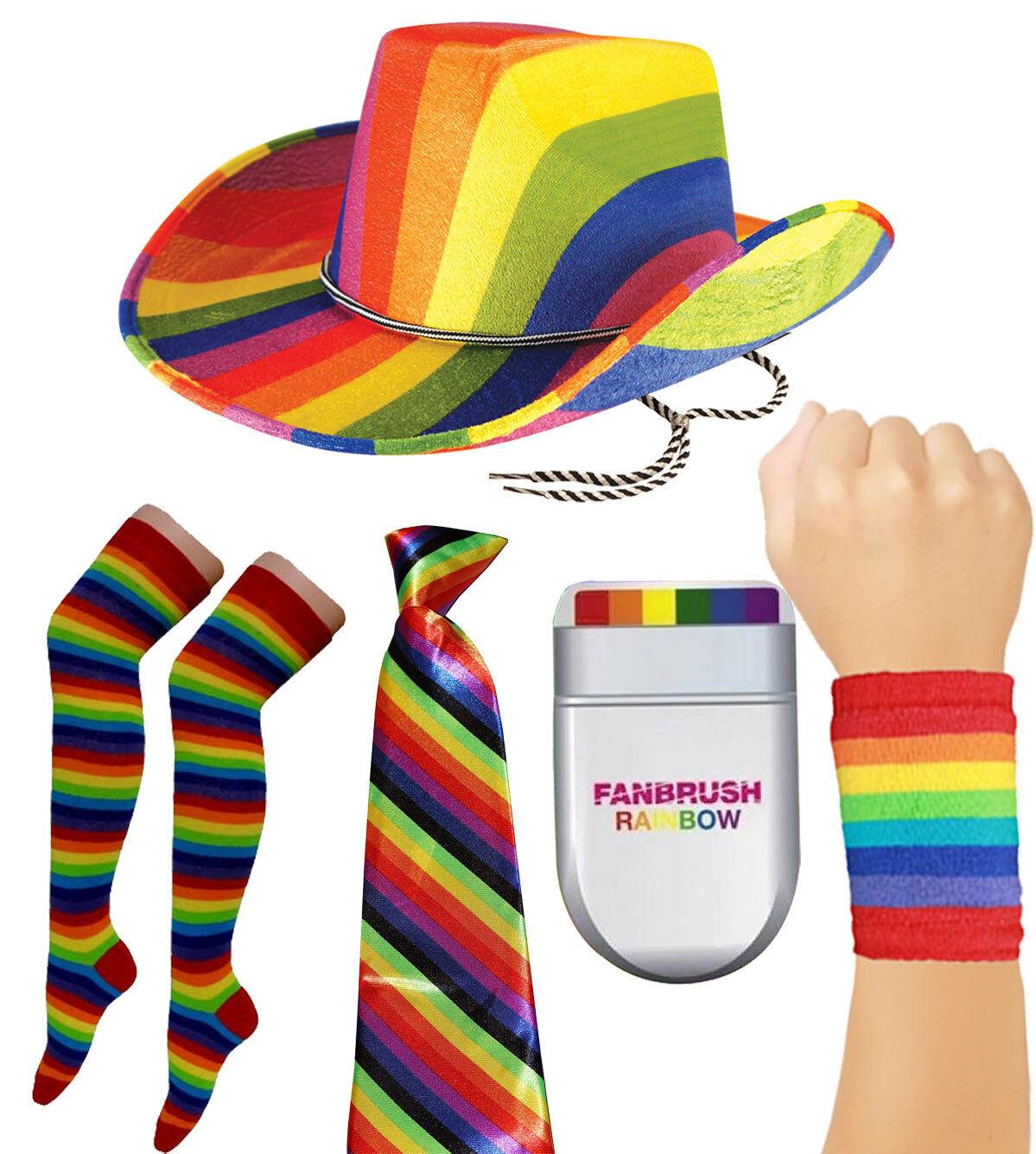 Rainbow Cowboy Hat Tie Fan Brush Socks Wristband Gay Pride Party Fancy Dress - Labreeze