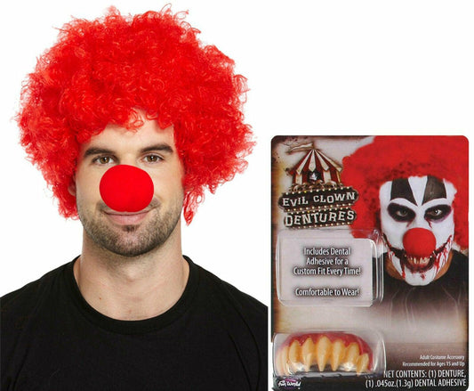 Red Afro Wig Demon Clown Teeth Denture Sponge Nose Halloween Scary Party Set - Labreeze