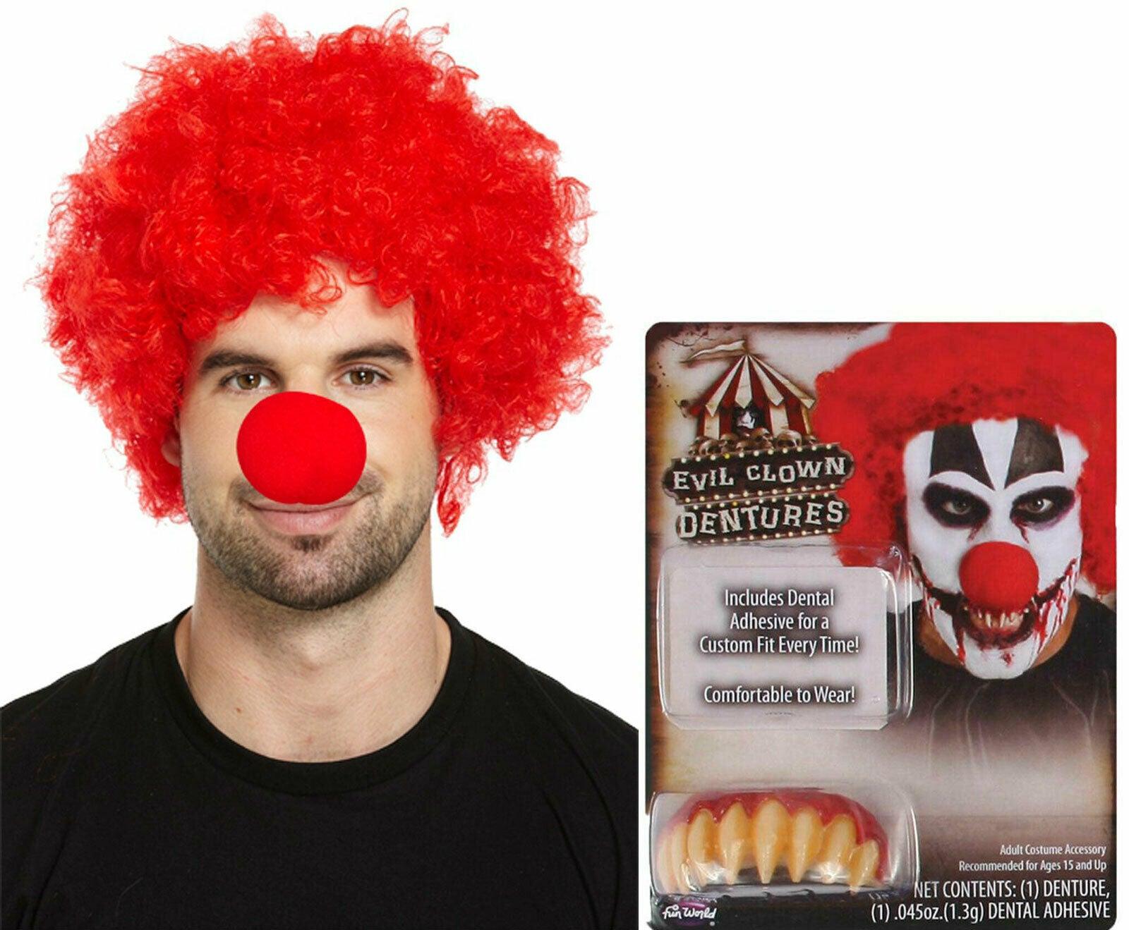 Red Afro Wig Demon Clown Teeth Denture Sponge Nose Halloween Scary Party Set - Labreeze