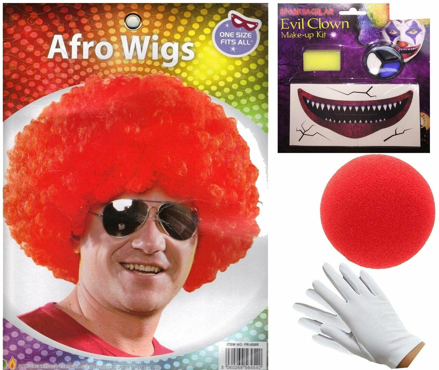 Red Afro Wig Demon Clown Teeth Denture White Gloves Halloween Scary Party Set - Labreeze