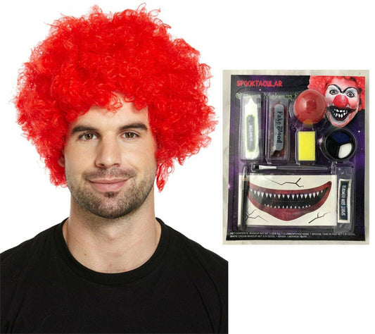 Red Afro Wig with Clown Make up Halloween Scary Clown Fancy Dress Party Set - Labreeze