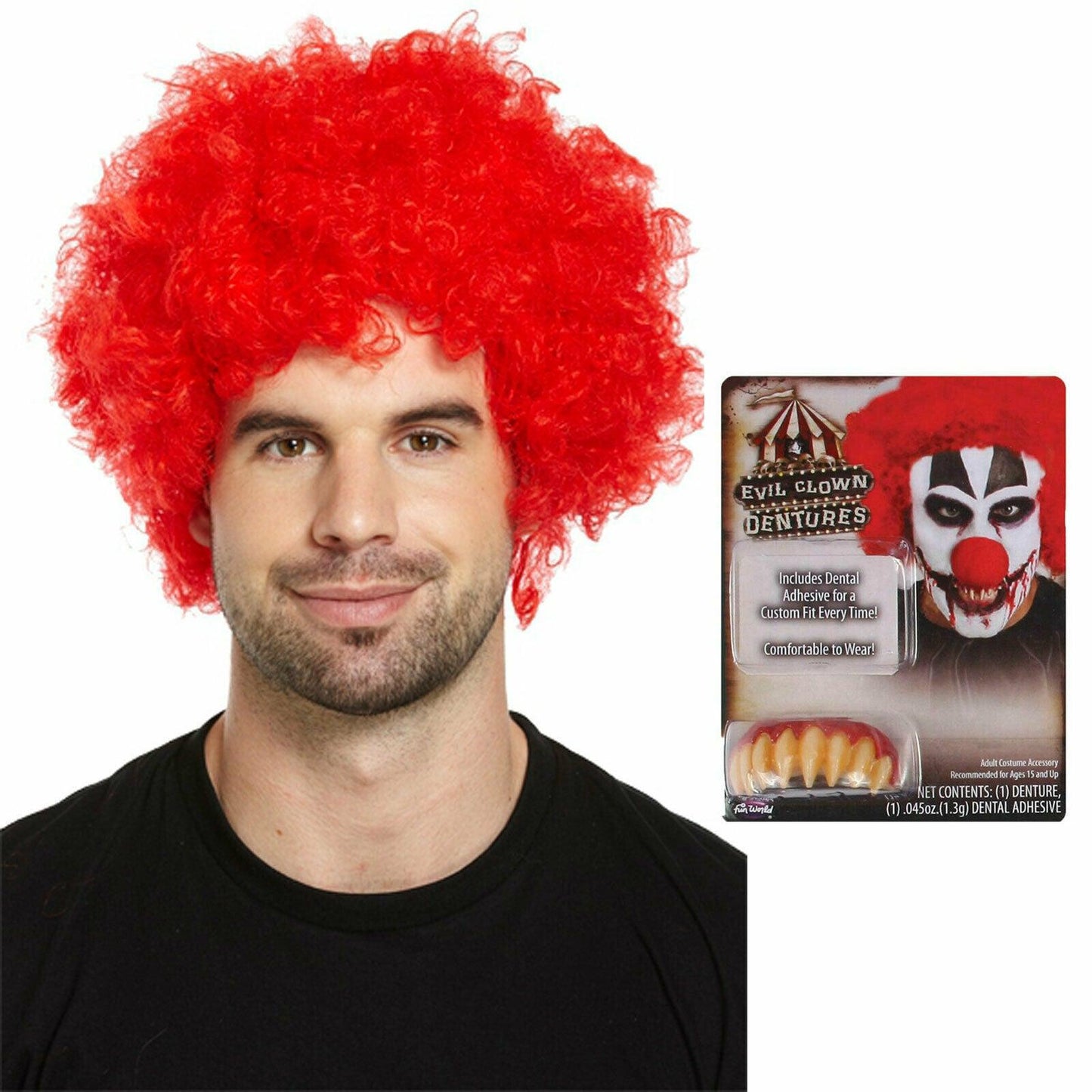 Red Afro Wig with Demon Clown Teeth Denture Halloween Scary Party Set - Labreeze