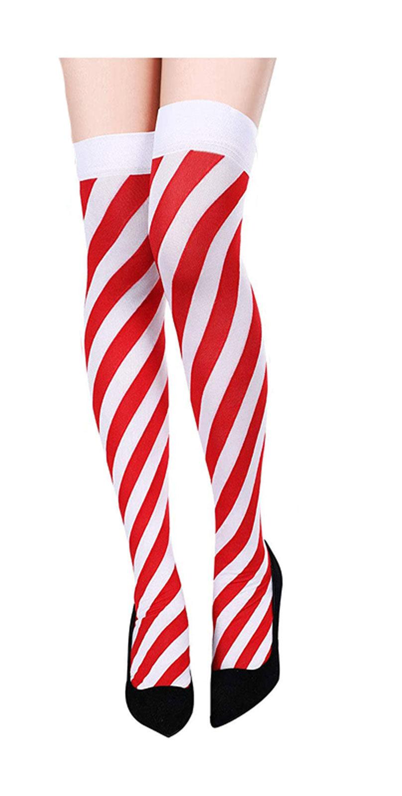Red & White Stripy Candy Cane OTK Socks Christmas Xmas Party Fancy Dress - Labreeze