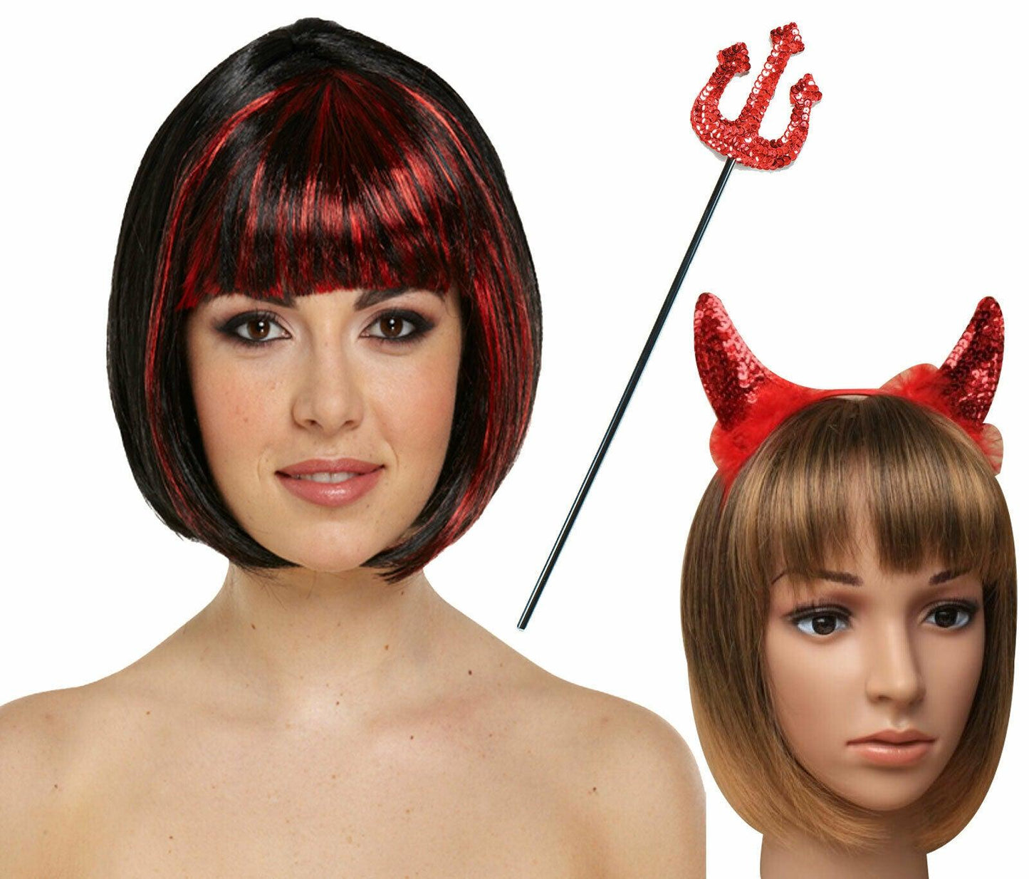 Red Black Witch Wig Sequin Aliceband Devil Fork Halloween Fancy Dress Set - Labreeze