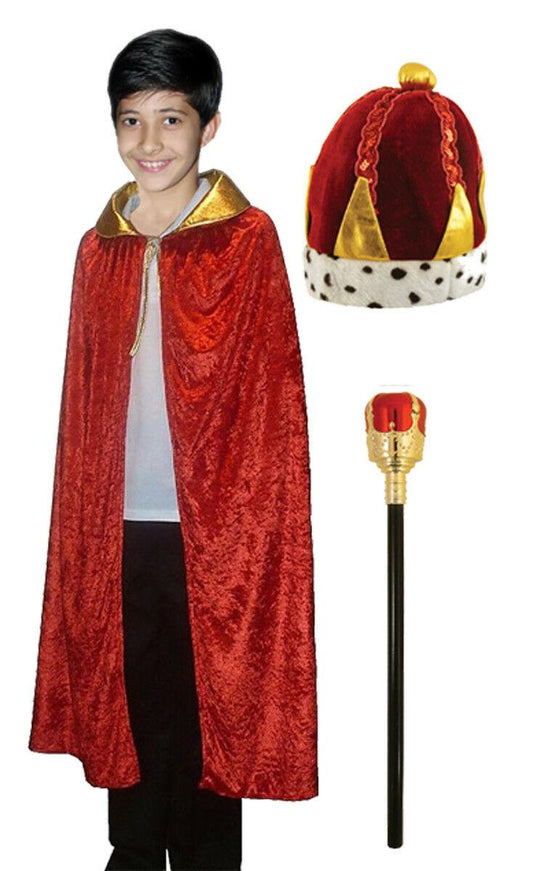 Red Cape Crown Hat Sceptre Wise Man King Queen Kids Nativity Fancy Dress - Labreeze