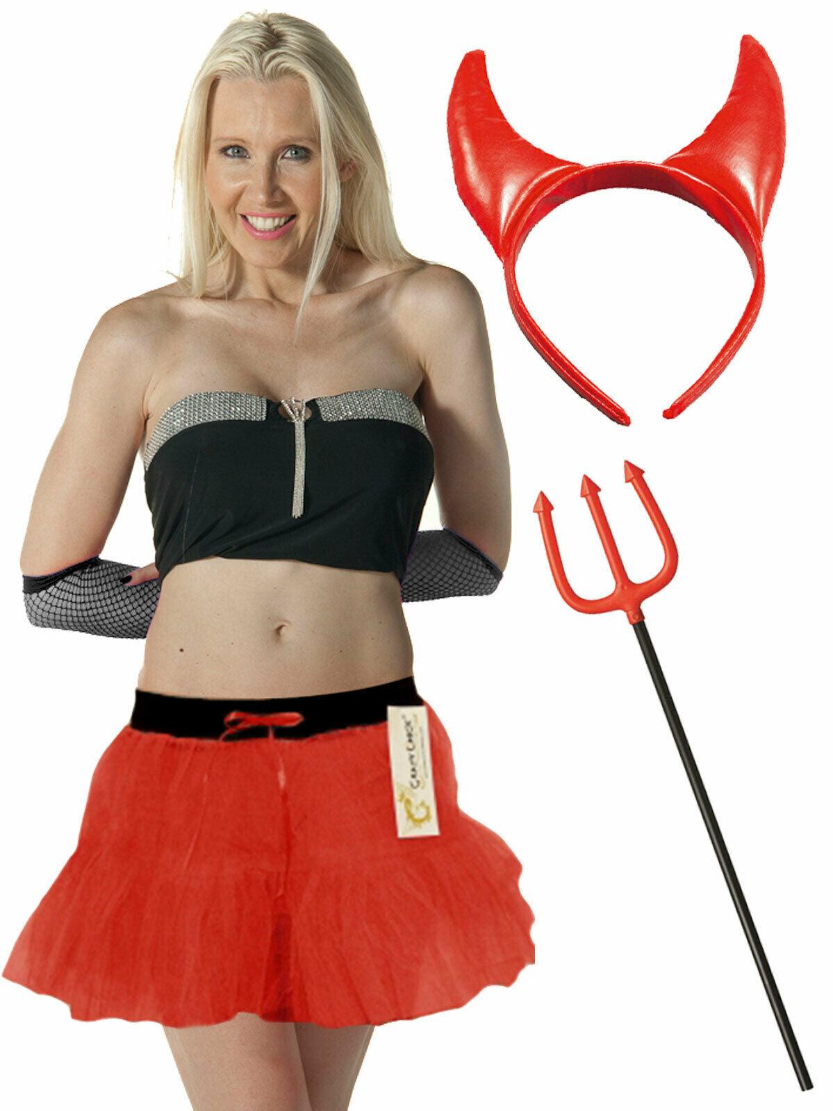 Red Devil 2 Layer Tutu PVC Horns Plastic Trident Halloween Fancy Dress Set - Labreeze